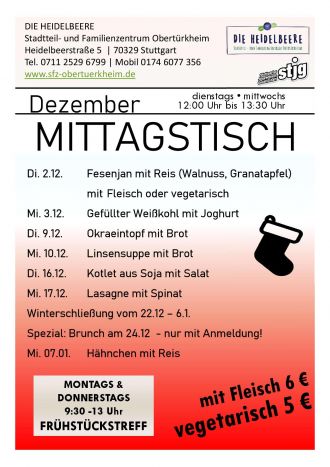 Die aktuelle Speisekarte des SFZ Heidelbeere für den laufenden Monat