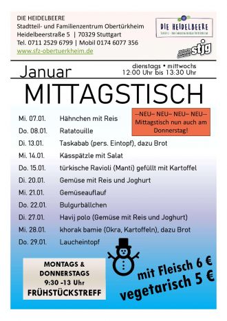 Die aktuelle Speisekarte des SFZ Heidelbeere für den laufenden Monat