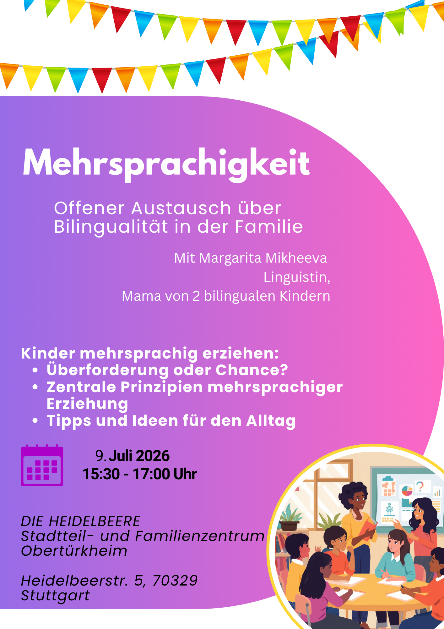 Der Flyer für die jeweilige Veranstaltung mit Datum und Kurzbeschreibung