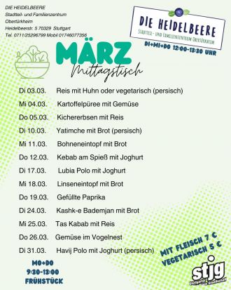 Die aktuelle Speisekarte des SFZ Heidelbeere für den laufenden Monat
