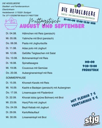 Die aktuelle Speisekarte des SFZ Heidelbeere für den laufenden Monat