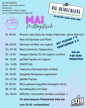 Die aktuelle Speisekarte des SFZ Heidelbeere für den laufenden Monat